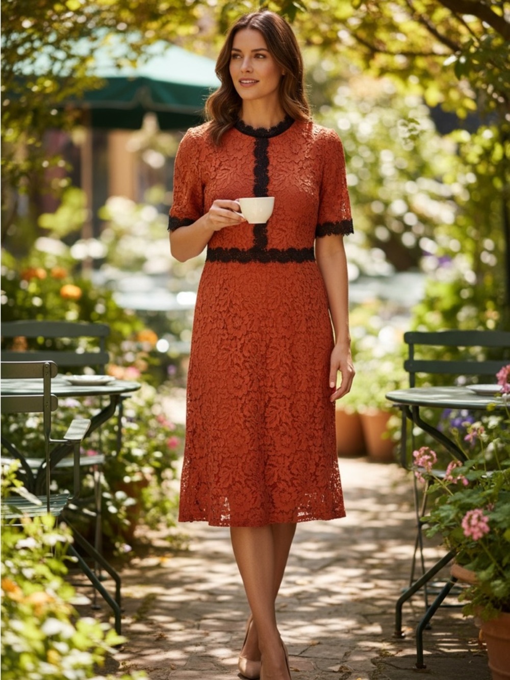 Terracotta Lace Midi Dress with Black Trim by